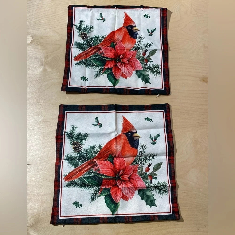 Set of 2 Festive Cardinal Holiday Pillow Covers 17” x 17” - Red and Green (MV)